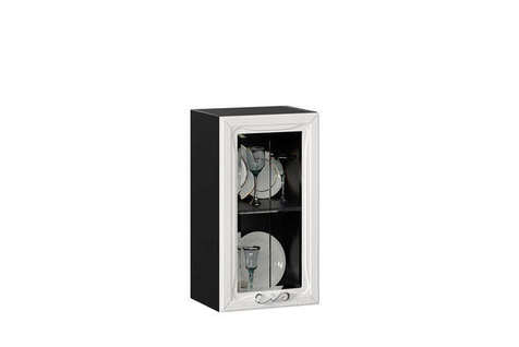 Бьянка Шкаф кухонный 400 со стеклом (Чёрный/Дуб фактурный белый)