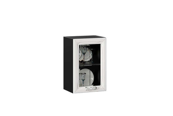 Бьянка Шкаф кухонный 400 низкий со стеклом (Чёрный/Дуб фактурный белый)