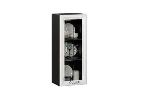 Бьянка Шкаф кухонный 400 высокий со стеклом (Чёрный/Дуб фактурный белый)